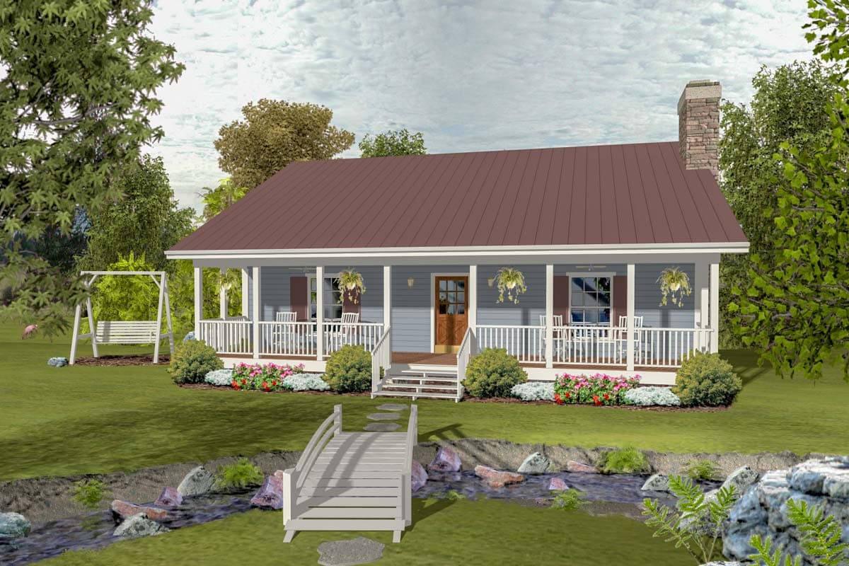 House plan exterior. One-story Cottage with a wrap-around porch, gabled roof, and stone chimney. Features include a bridge and a porch swing.