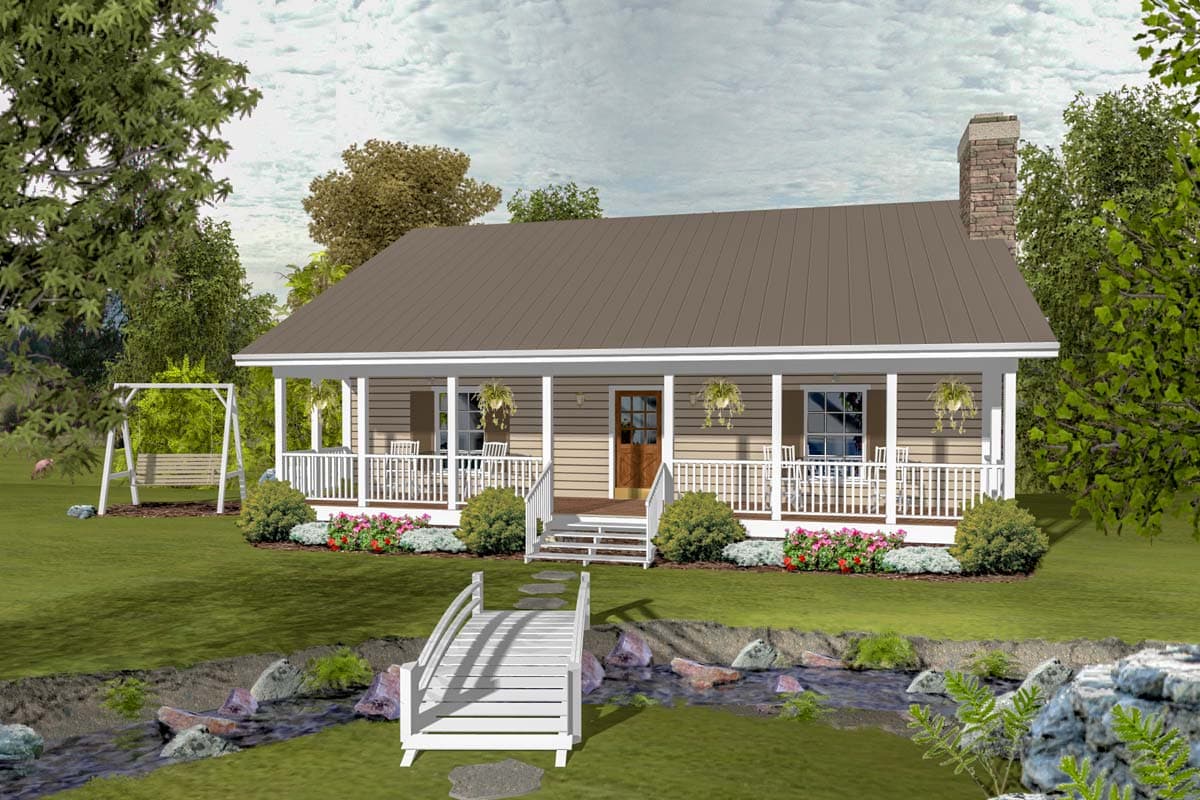House plan exterior: single-story cottage with wraparound porch, metal roof, and stone chimney.