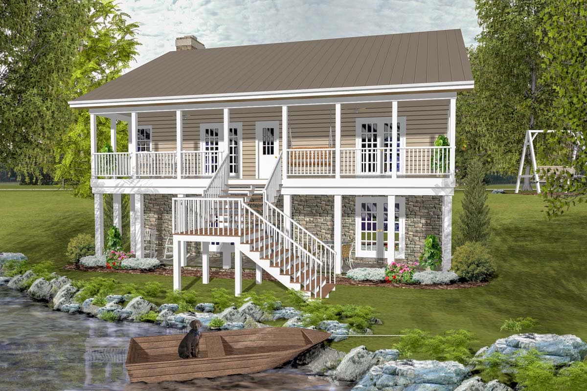 House plan exterior: Two-story home with full-wrap porch, stone base, and prominent central staircase.