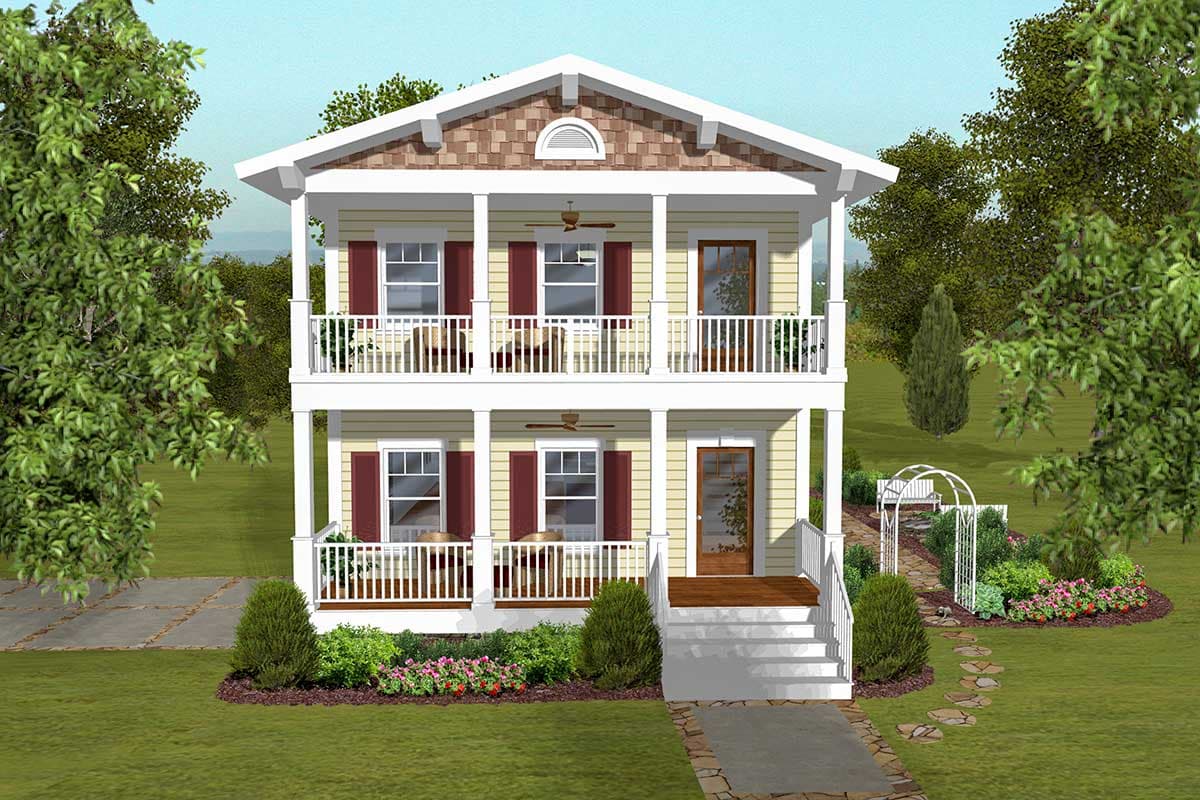 House plan exterior. Two-story design with a front porch, gabled roof, and decorative half-round window in the gable. Features a welcoming entrance.