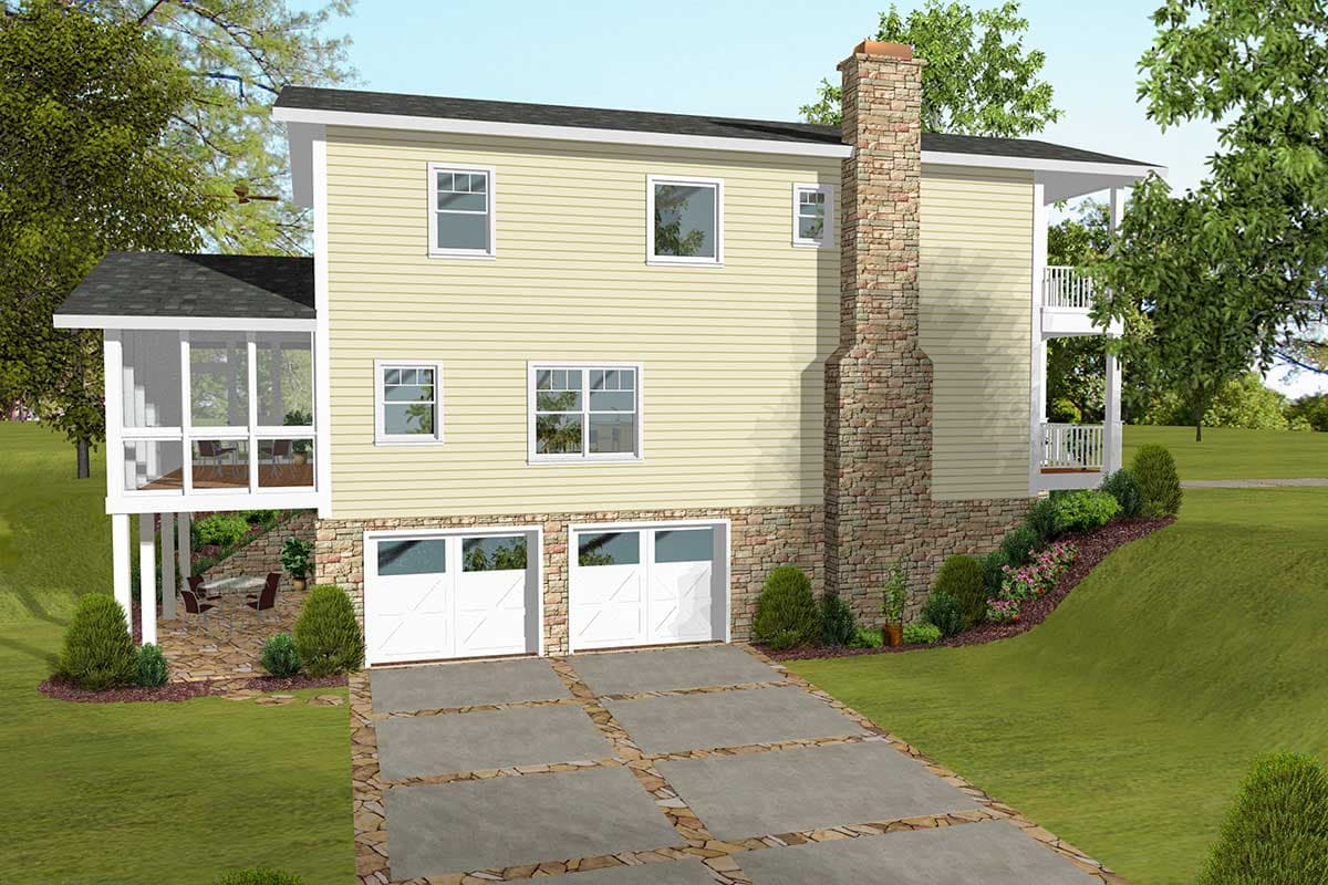 House plan exterior: Two-story home with a screened porch, stone chimney, double garage, and upper-level balcony.