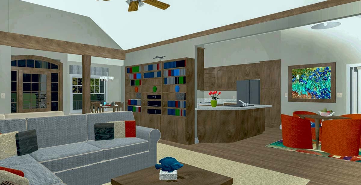 Open concept living space with vaulted ceiling, exposed beams, built-in shelving, and kitchen island.
