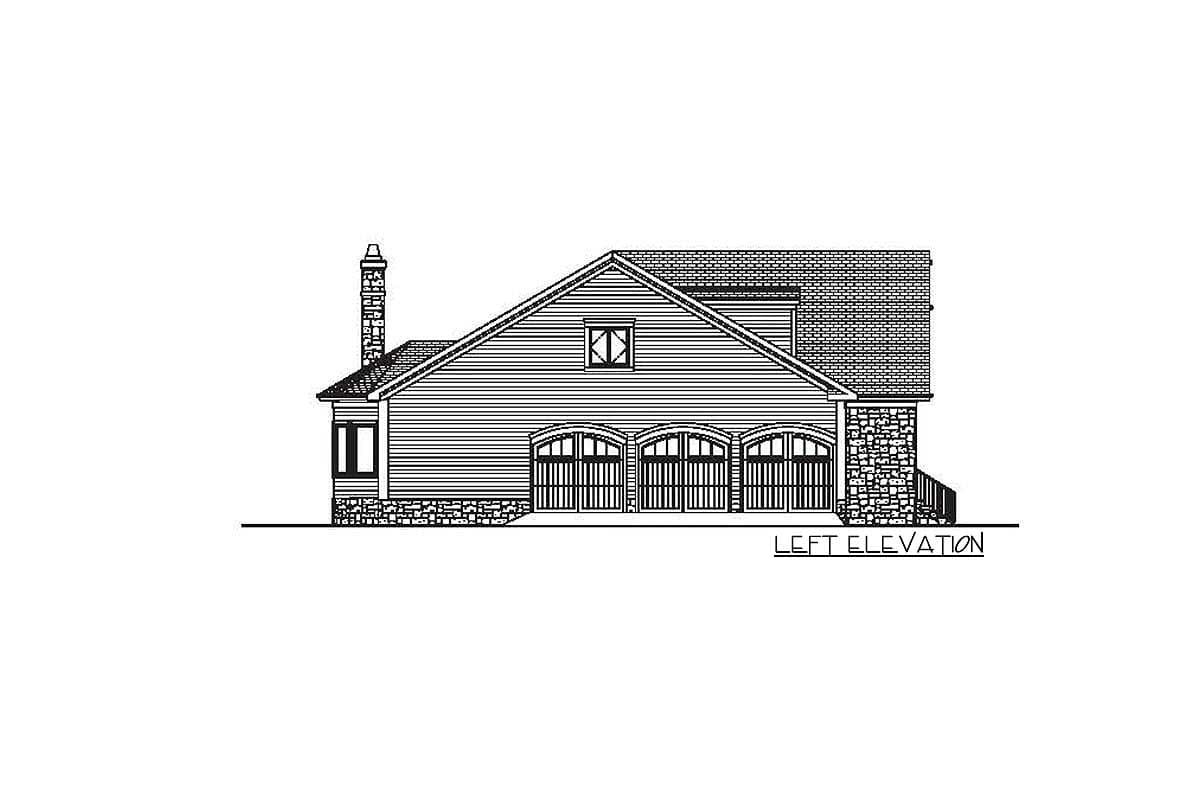 Left elevation house plan with three arched garage doors, stone base, gabled dormer, and brick chimney.
