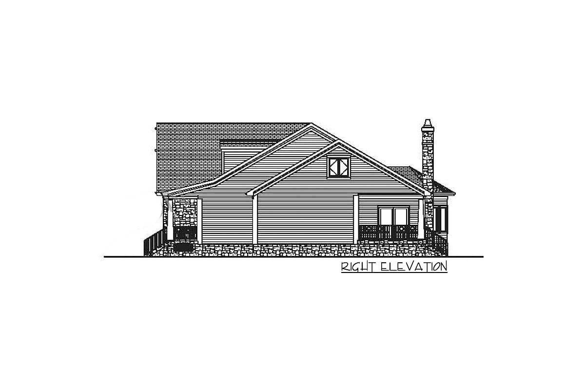 Right elevation house plan drawing showing pitched roof, stone foundation, covered porch, gabled dormer, and chimney.