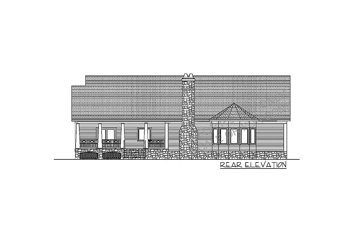 Rear elevation drawing of a house plan featuring a covered porch, stone chimney, and bay window.