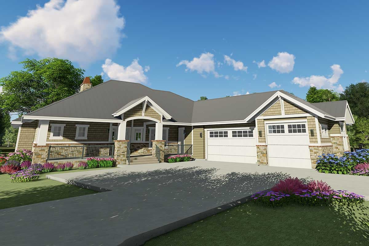 House plan exterior with wide covered porch, stone accents, gable rooflines, and a three-car garage.