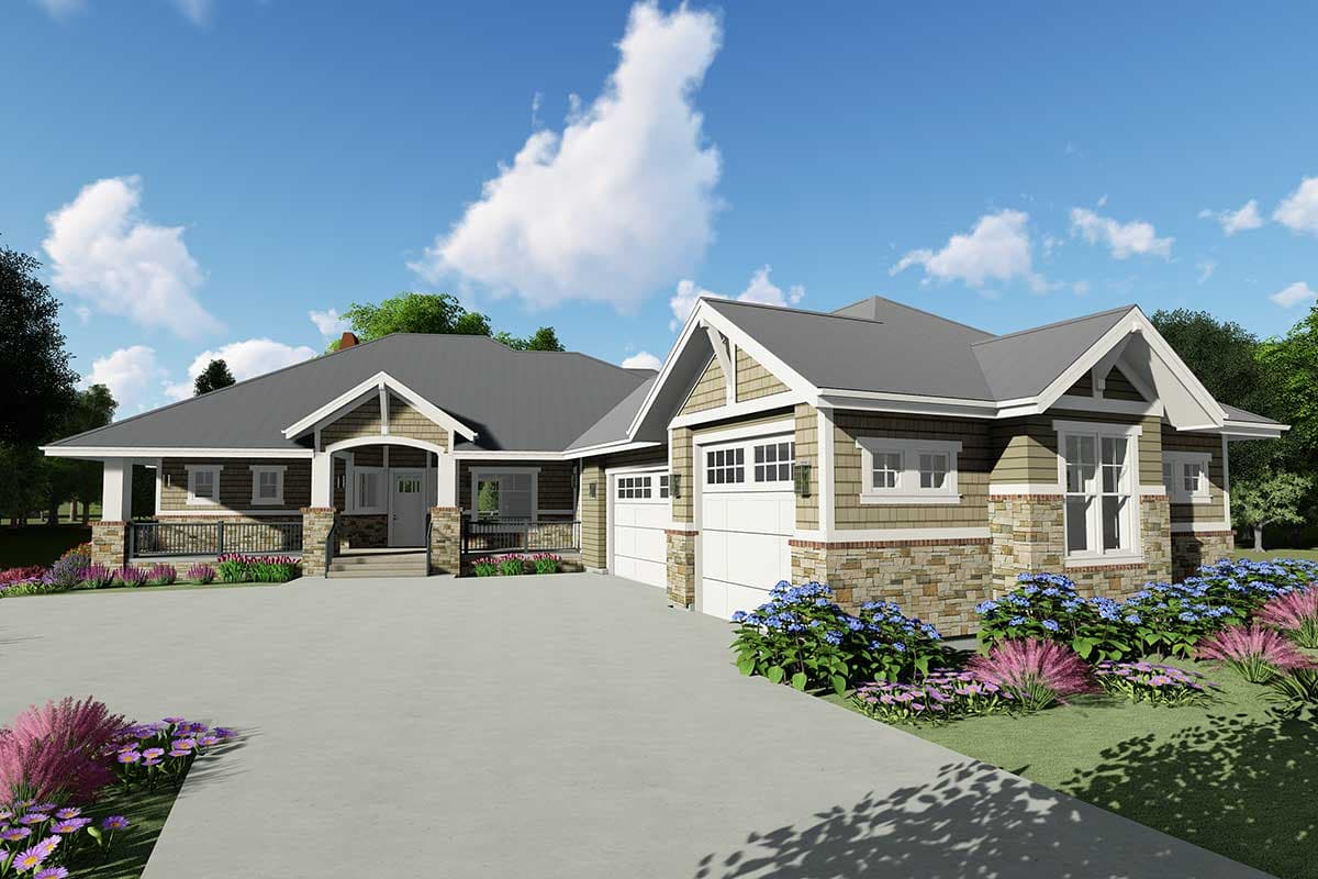 House plan exterior rendering. Craftsman style, single-story home with a front porch, gables, and a two-car garage. Features stone and siding.