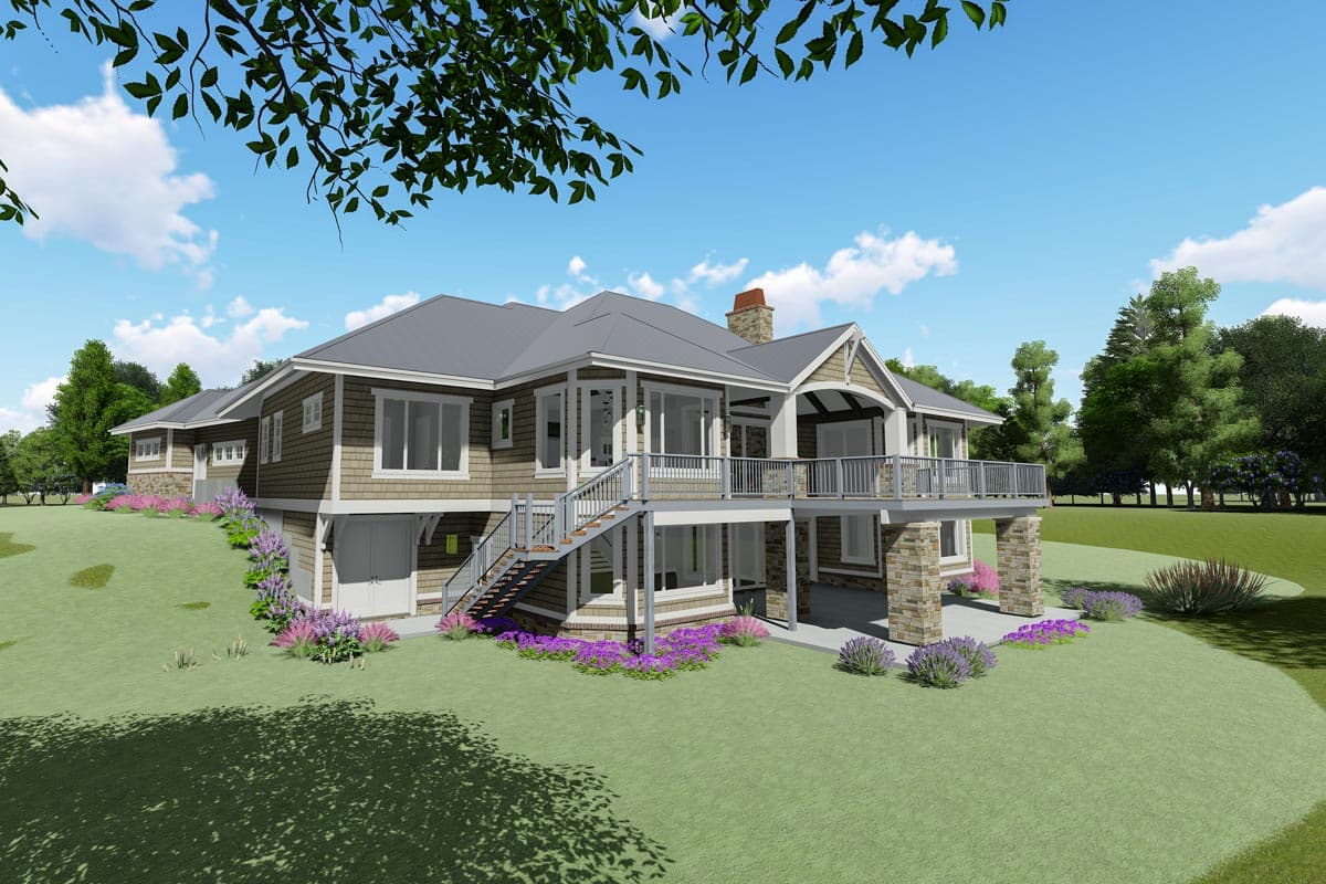 House plan exterior rendering showing a multi-level home with a large deck, gabled dormers, and a side-entry garage.