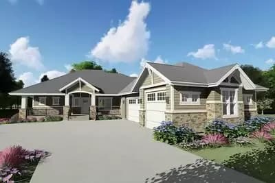 Downsized Craftsman Ranch Home Plan with Angled Garage - 2318 Sq Ft