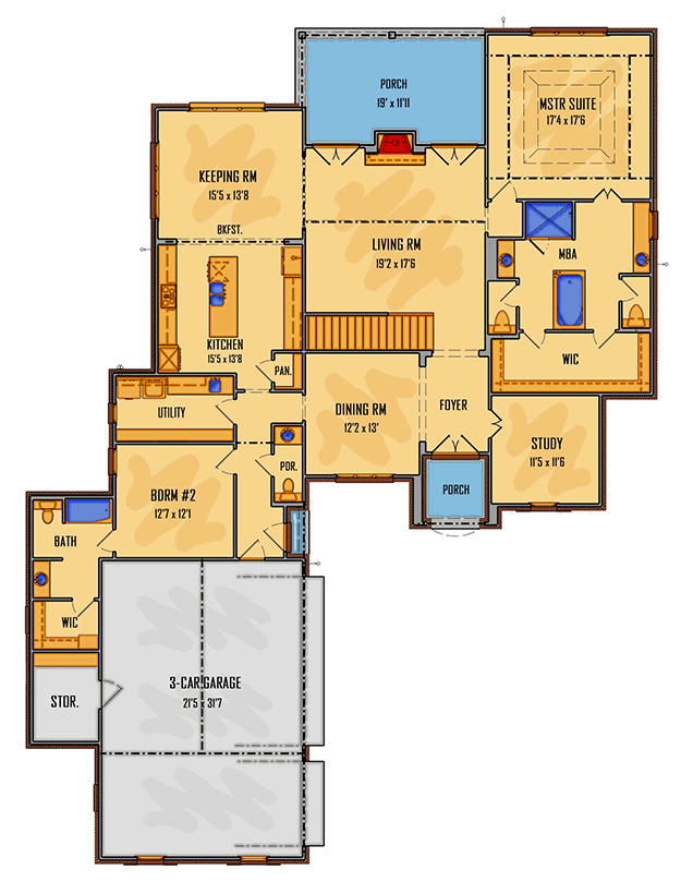 Plan 510031WDY: Southern Belle with Courtyard Garage and Vaulted Living Room - Floor Plan - Main Level - European, French Country, Georgian, Southern