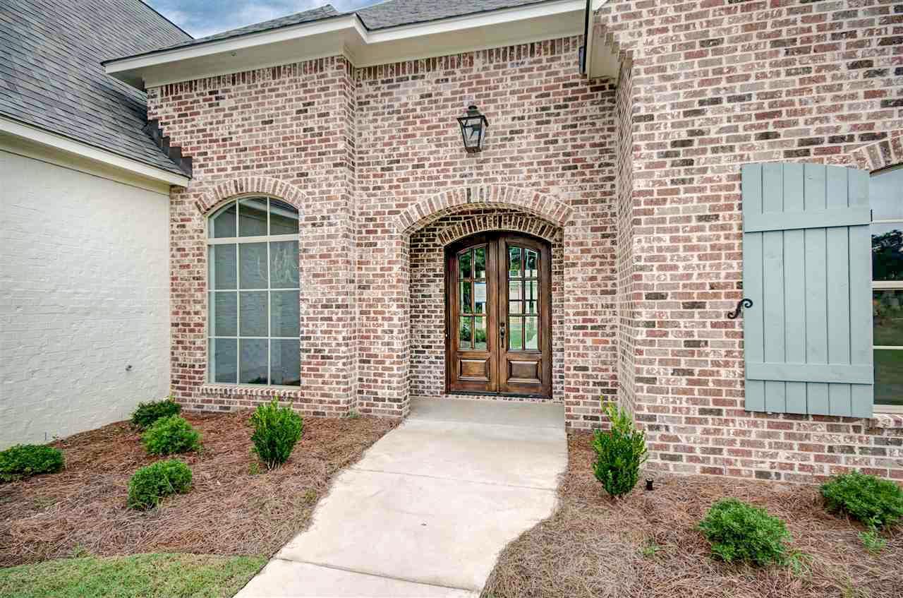House plan exterior with arched double entry doors, arched window with grid, and light blue shutters.
