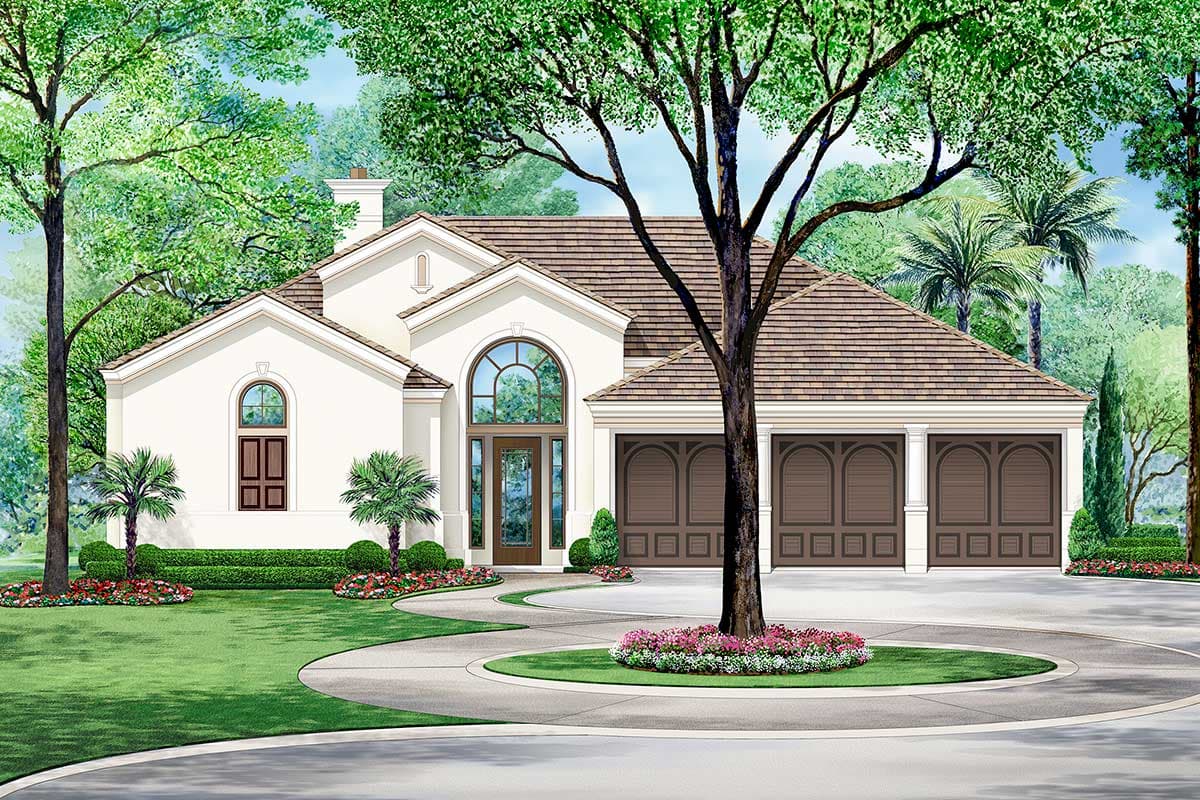 House plan exterior. Two-story home with arched entry door, hipped roof, and attached garage with arched garage doors. Landscaped front yard.