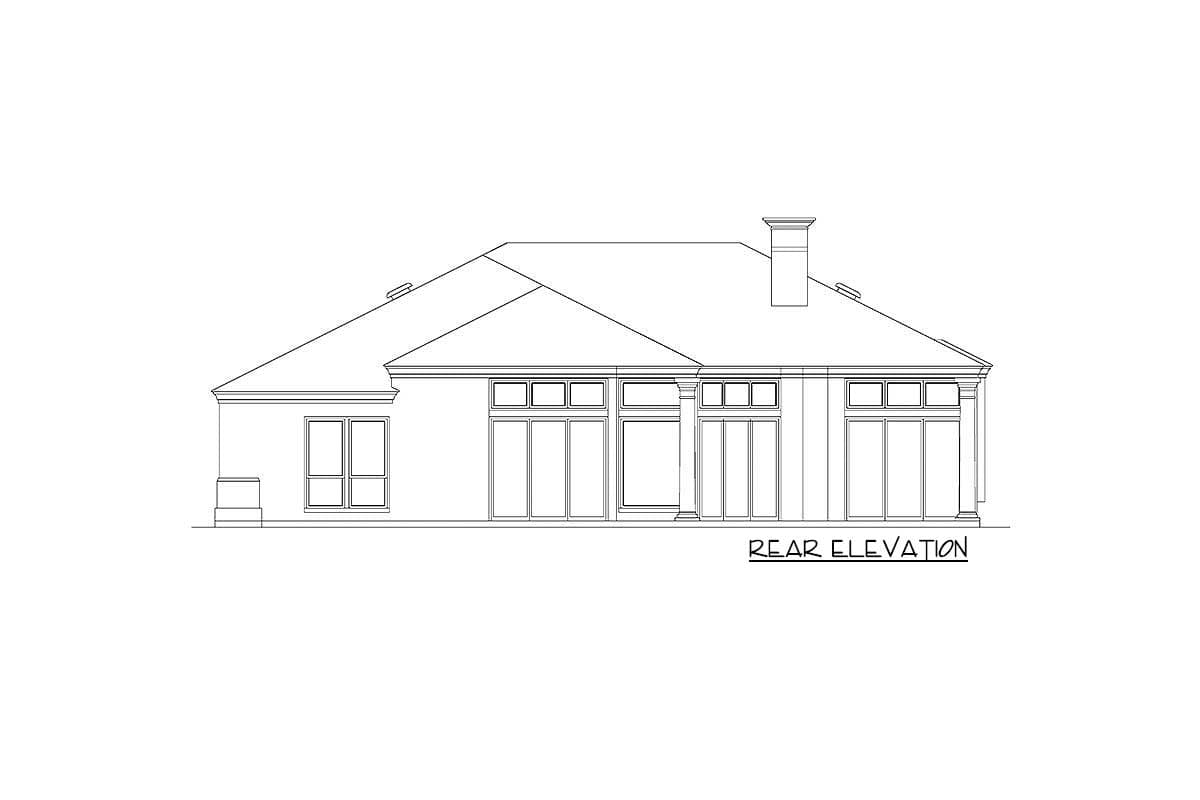Rear elevation drawing of a house plan with a hip roof, multiple windows, and a chimney.