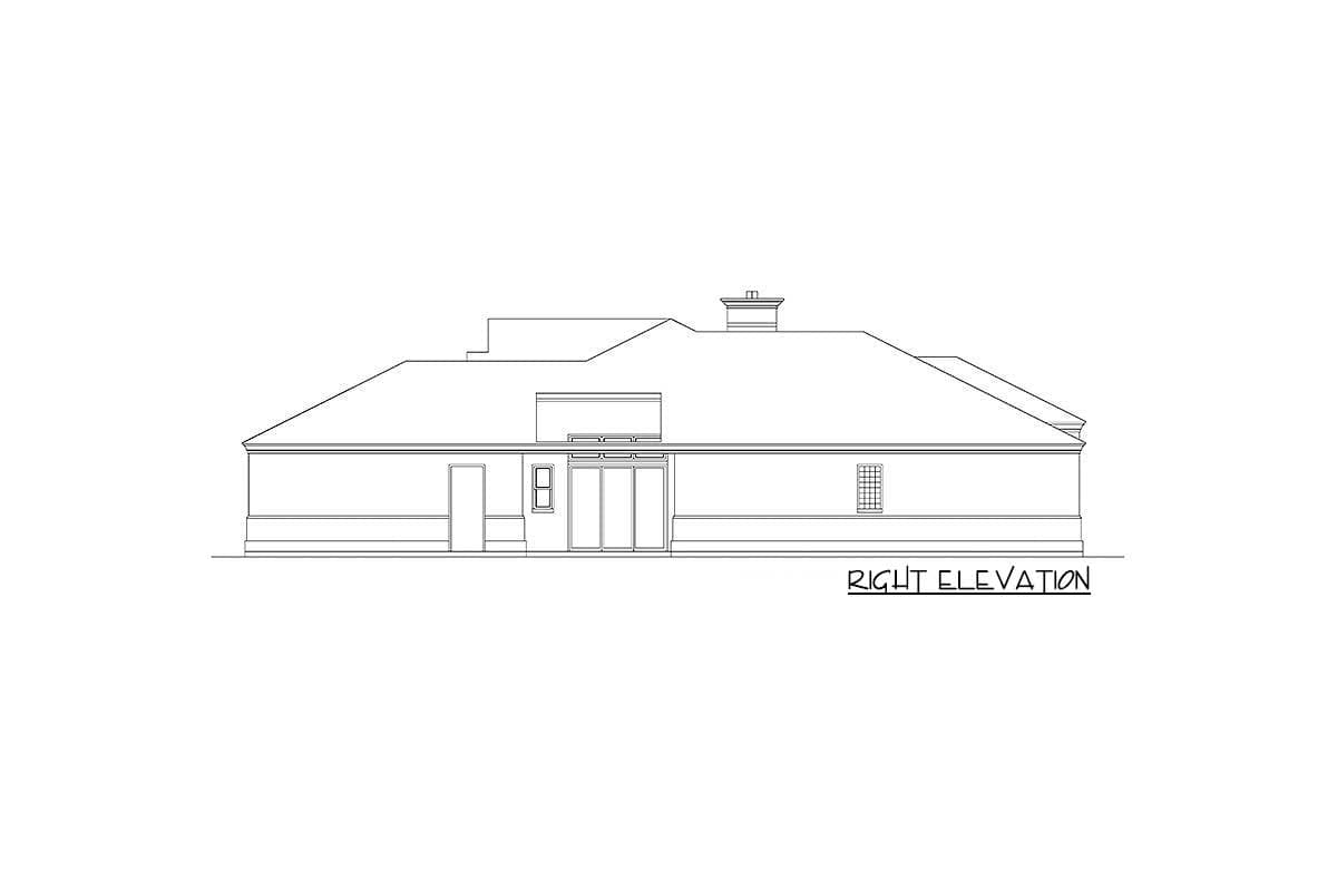 Right elevation drawing of a house plan featuring a hip roof, sliding glass doors, and a multi-pane window.