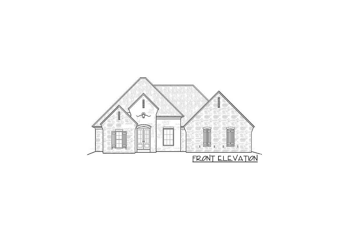Front elevation drawing of a one-story house plan with a prominent central gable, double entry doors, and multi-pane windows.