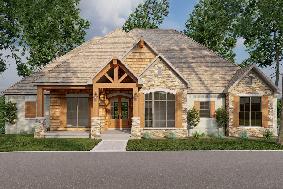 House plan exterior. Craftsman-style home with gabled roof, stone facade, and wooden accents. Features a covered porch and decorative shutters.