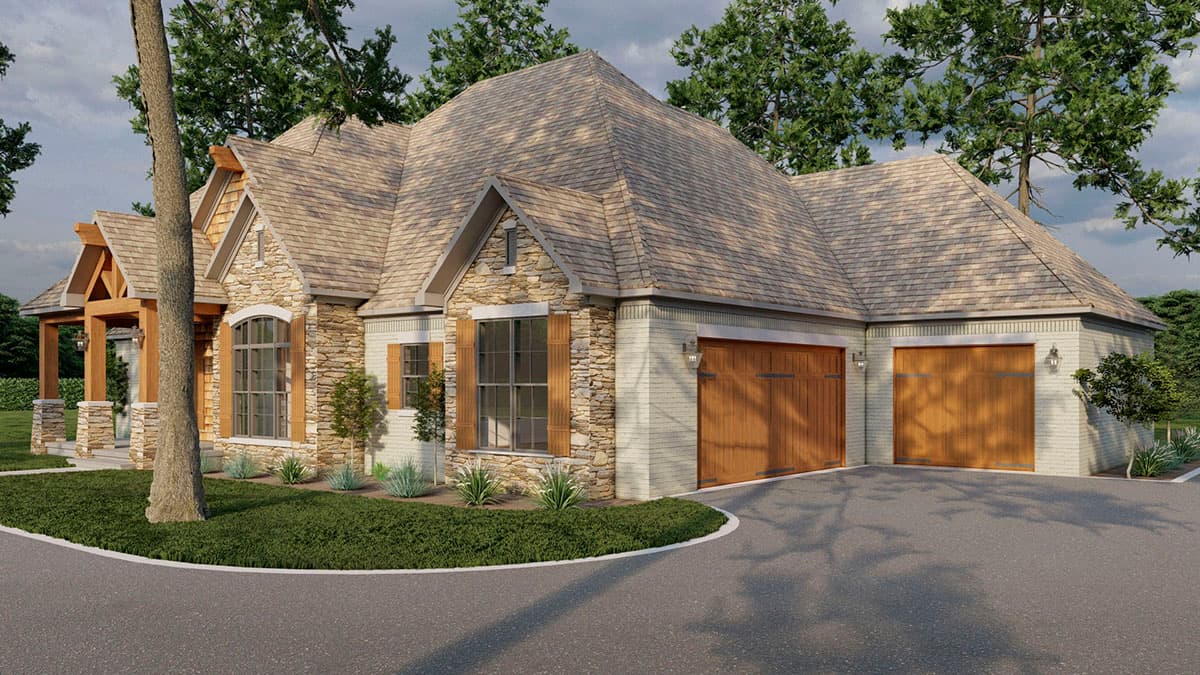 House plan exterior: Stone and brick siding, gabled roof, covered porch, and a triple-car garage.