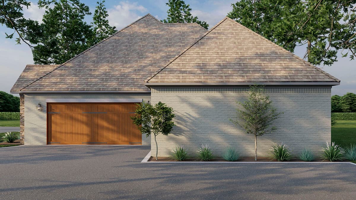 House plan exterior view with light brick, prominent gable roof, and wood garage door.