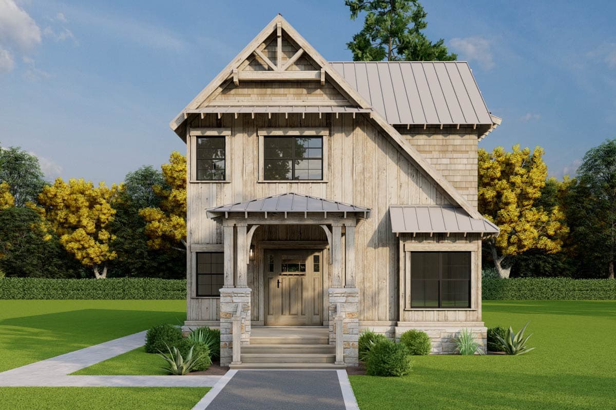 House plan exterior. Two-story Modern Farmhouse with a gabled roof, a front porch, and wood siding. Stone accents on porch columns.
