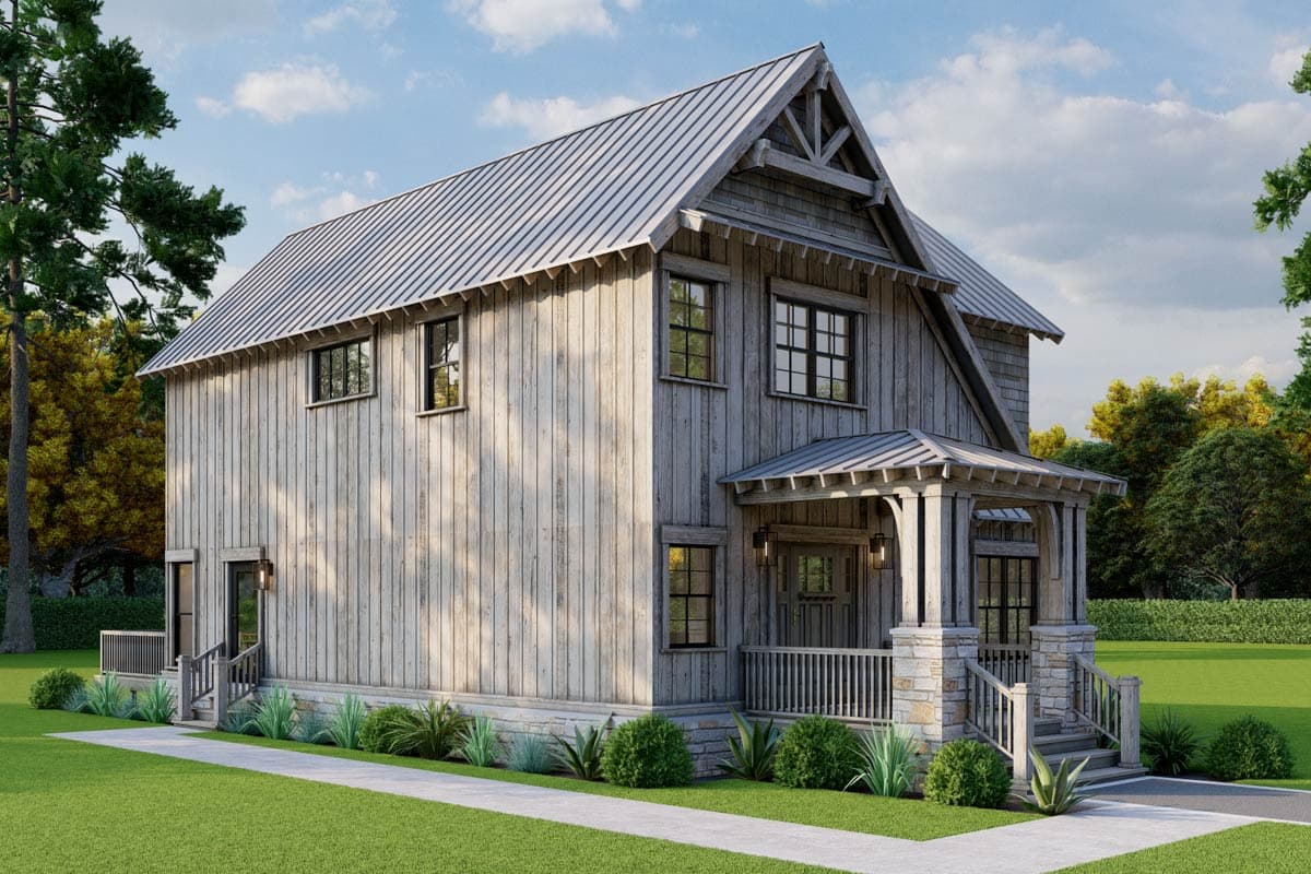Modern Farmhouse house plan exterior with vertical siding, metal gable roof, covered front porch, and stone accents. Two stories.