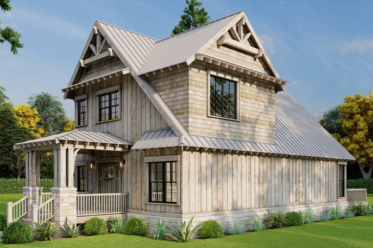 House plan exterior: two-story Modern Farmhouse with metal roof, front porch, vertical board-and-batten siding, and decorative gable bracing.