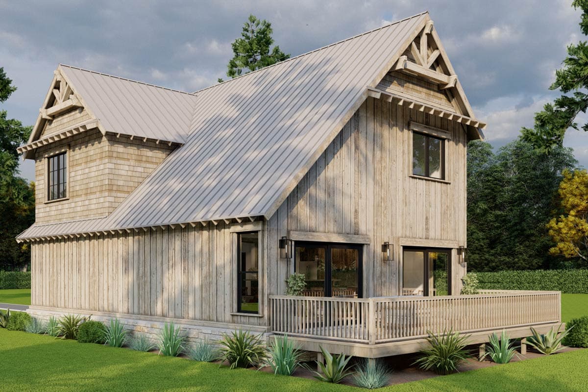 House plan exterior: Modern Farmhouse style, two stories, metal roof, gables with decorative rafter tails, wooden siding, and a wraparound deck.