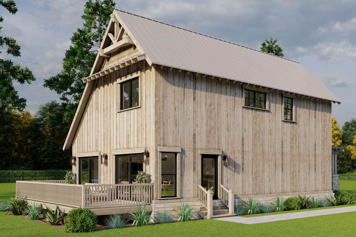 Modern Farmhouse house plan exterior with board-and-batten siding, metal roof, gabled dormer, and wrap-around deck.