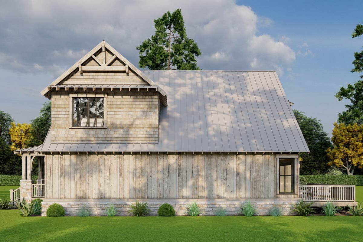 House plan exterior: Modern Farmhouse style, two stories, with a gable, cedar shake siding, and a metal roof.