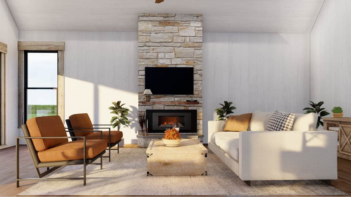 Living room interior rendering with stone fireplace, television, seating, and large window.