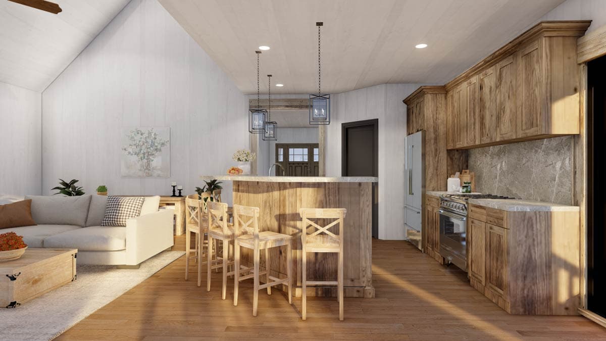 Interior rendering of a great room and kitchen featuring vaulted ceilings, a large island with seating, and wood cabinetry.