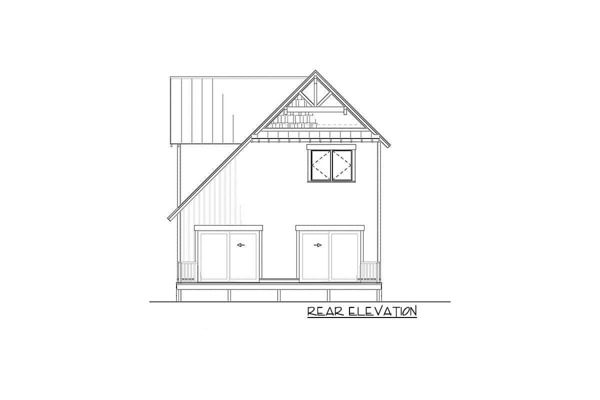 Rear elevation drawing of a house plan, showing a metal roof, gabled dormer, and two doors on a porch.