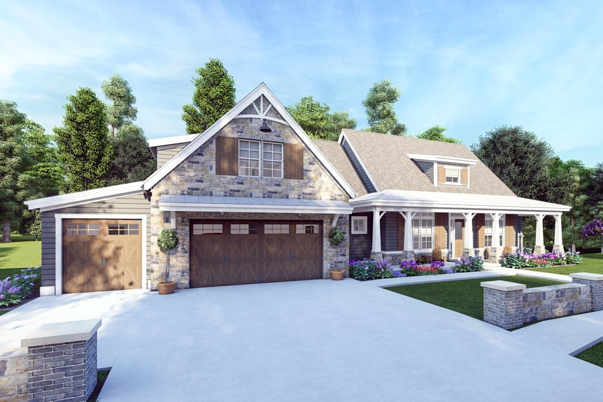 House plan exterior: Modern Farmhouse style with stone accents, two-car garage, gabled dormer, and covered front porch.