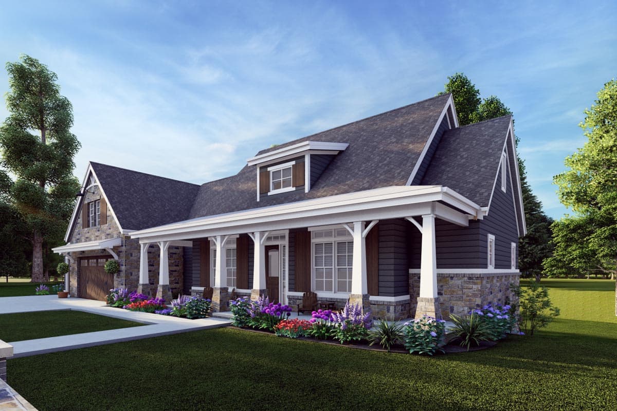 House plan exterior: Modern Farmhouse style, 1.5 stories, with a covered porch, stone accents, gables, and dormers.