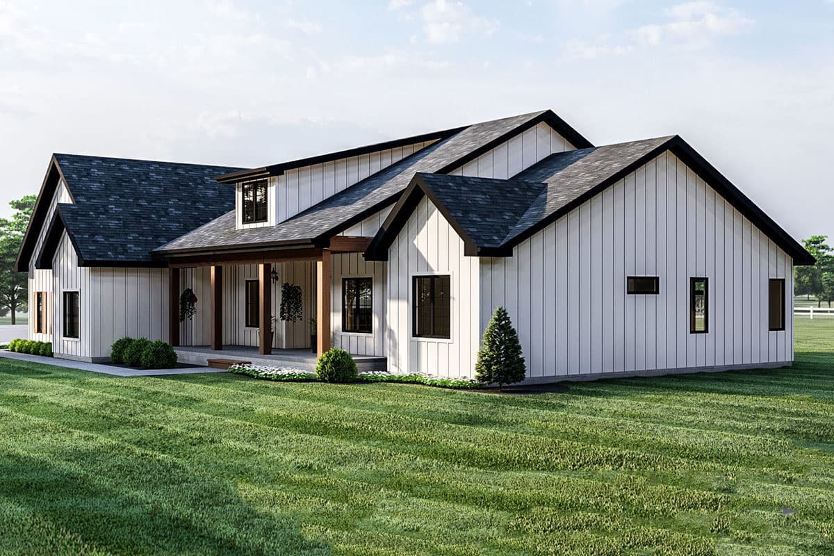 Modern Farmhouse house plan exterior, one story, with prominent gables, a covered porch supported by wooden posts, and board and batten siding.