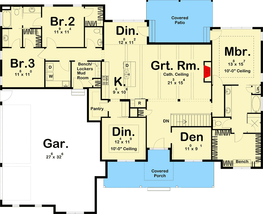 Plan 62735DJ: 3-Bed Modern Farmhouse Plan with Cathedral Ceilings - Floor Plan - Main Level - Country, Farmhouse