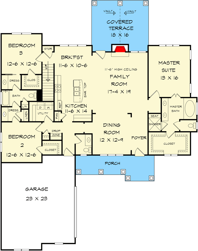 Plan 360013DK: Attractive Four Bedroom Craftsman House Plan - 2485 Sq Ft - Floor Plan - Main Level - Craftsman, New American, Northwest