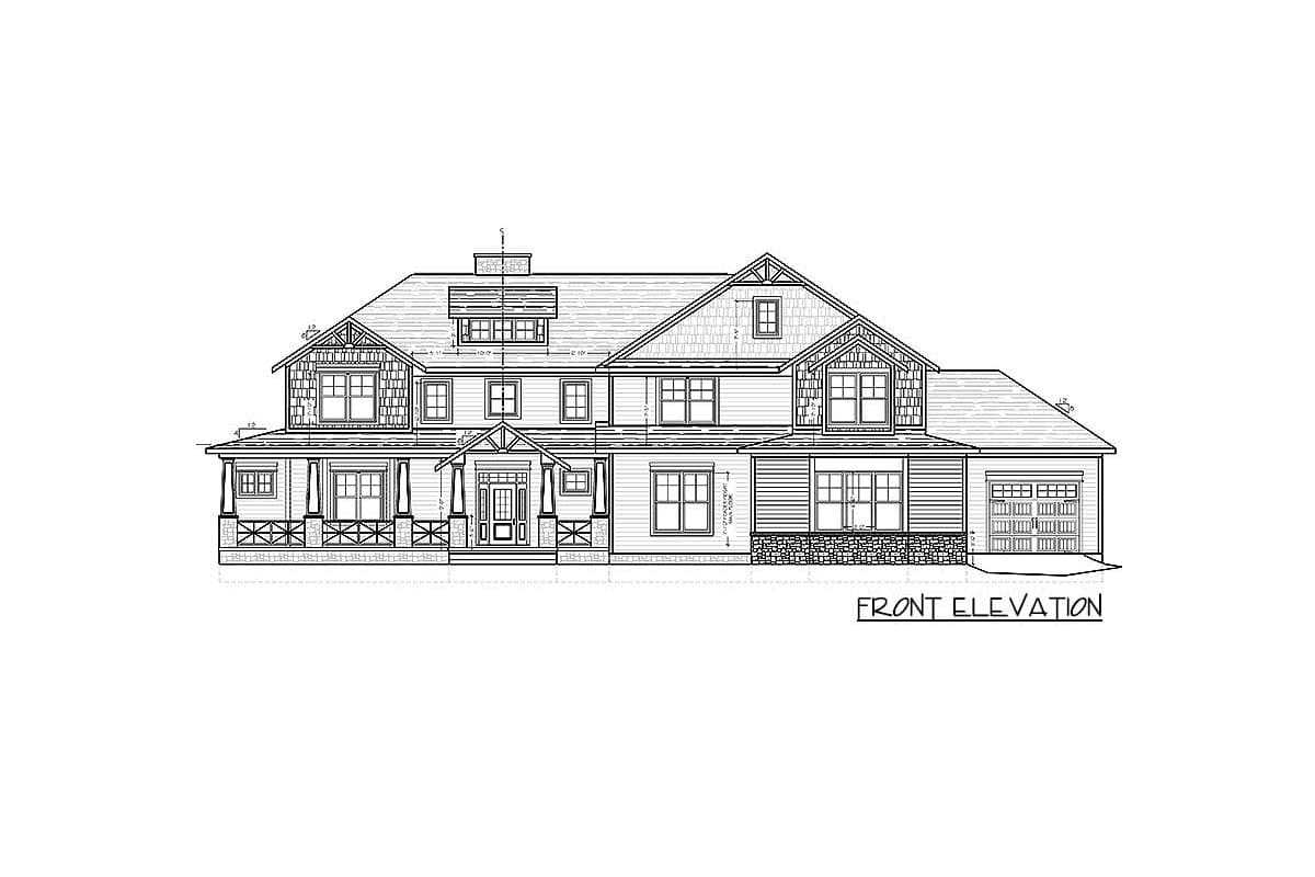 Front elevation house plan: two-story, gabled dormers, covered porch with X-bracing, and attached garage.
