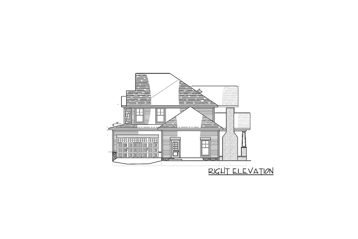 Right elevation house plan showing two stories, attached garage, gable roof, and stone chimney.
