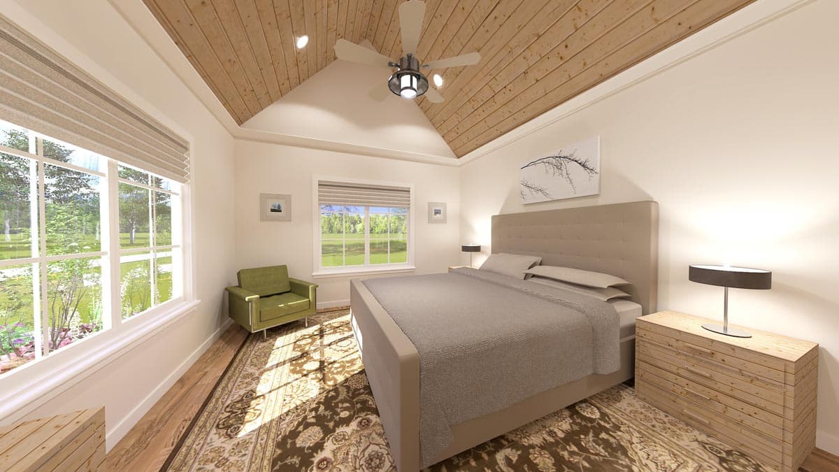 Bedroom rendering with vaulted wood-paneled ceiling, large windows, bed, chair, and dresser.