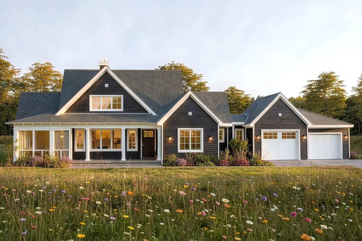 House plan exterior. Ranch style with a gabled roof, covered porch, and attached two-car garage. Features include dormers and multiple gables.