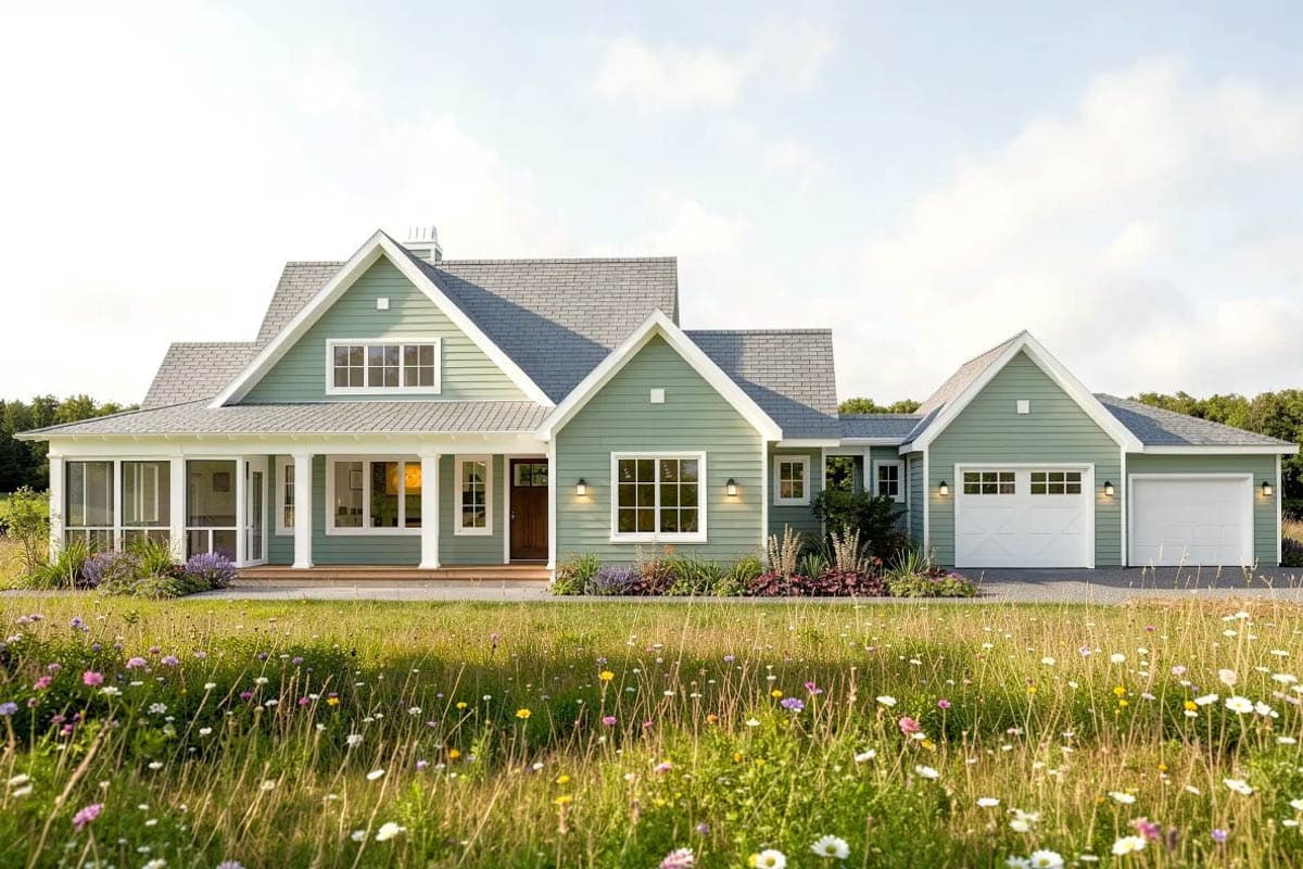 Open concept living area with vaulted wood ceiling, stone fireplace, kitchen island, and dining space.