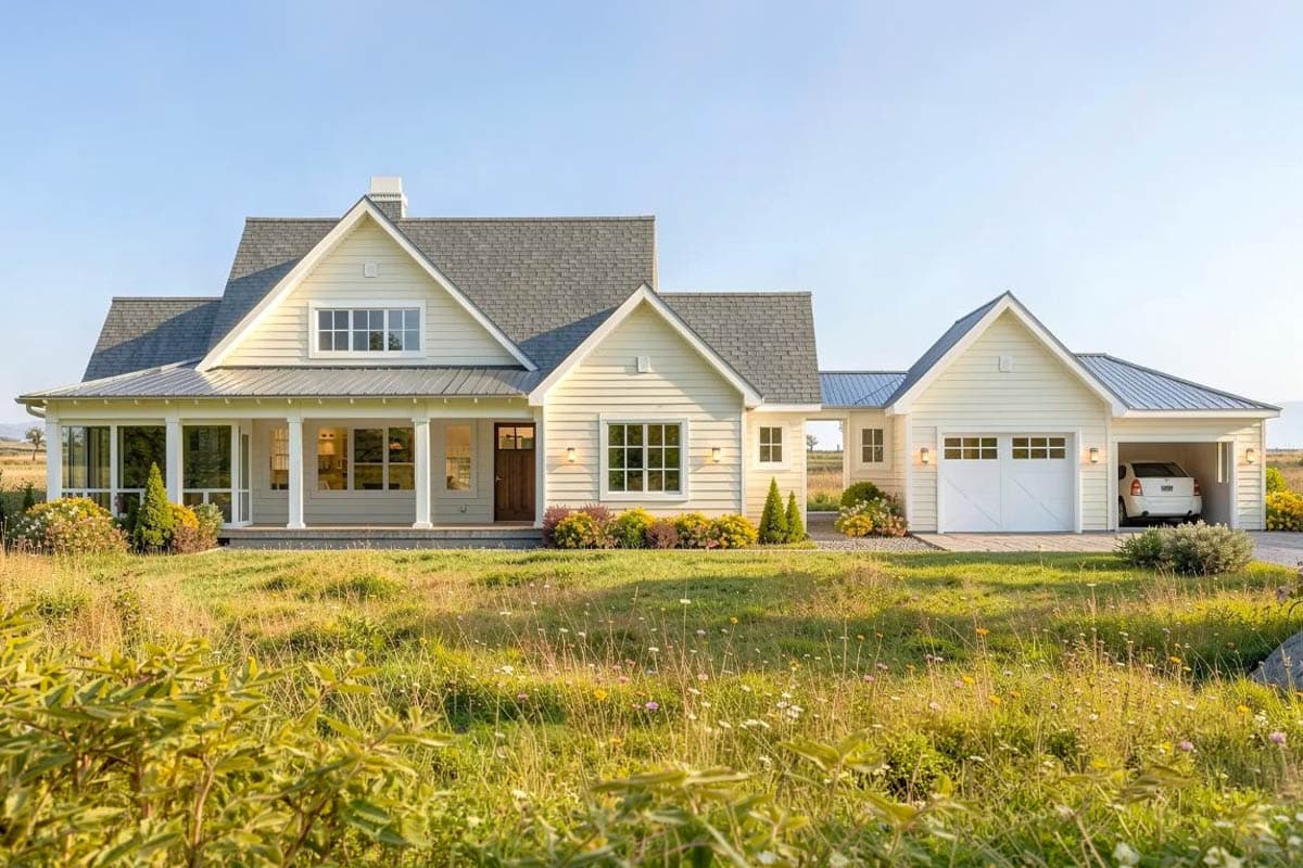 Kitchen with central island, stainless steel appliances, granite countertops, and open view to dining and living areas.