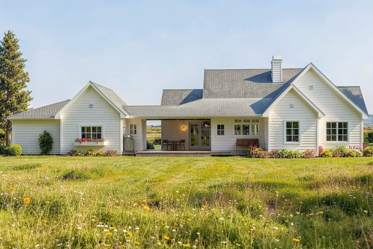 Bedroom rendering with vaulted wood-paneled ceiling, large windows, bed, chair, and dresser.