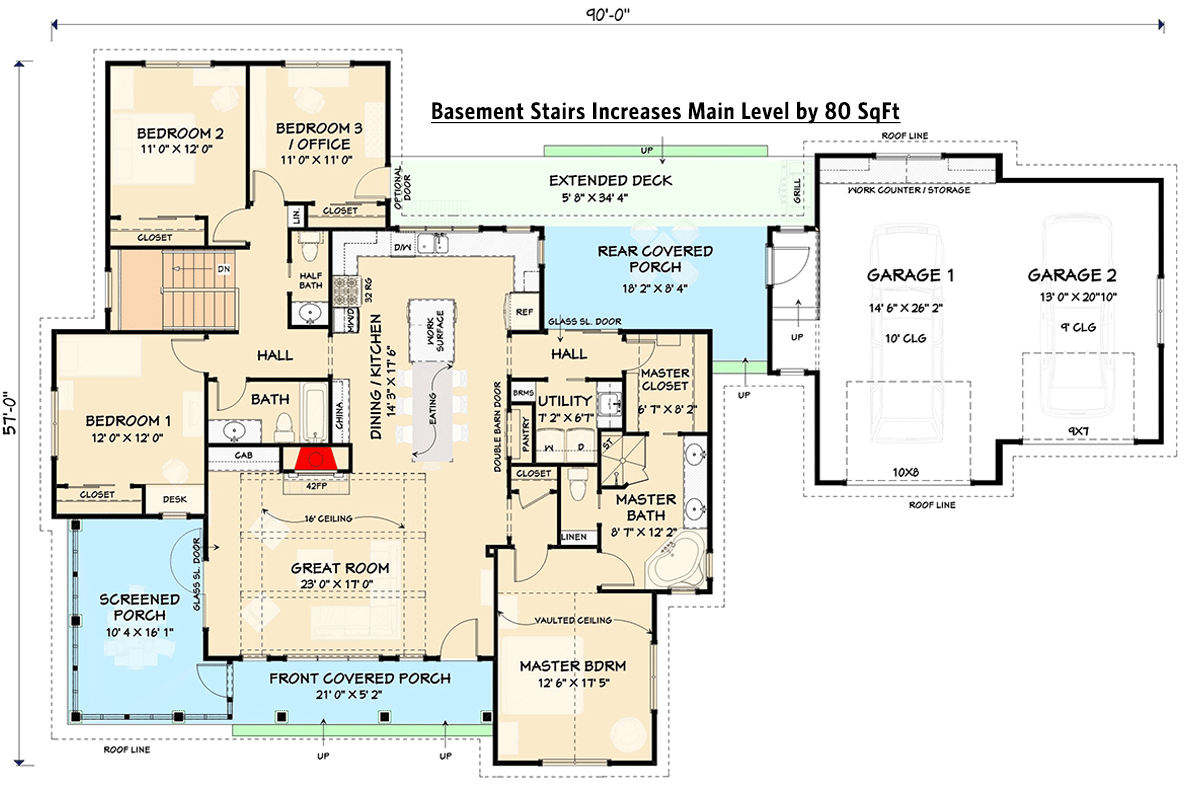 Plan 28925JJ: Flexible 3-Bed Modern Farmhouse with Semi-Detached Garage - 1895 Sq Ft - Floor Plan - Main Level - Basement Foundation Version - Country, Farmhouse, Modern Farmhouse