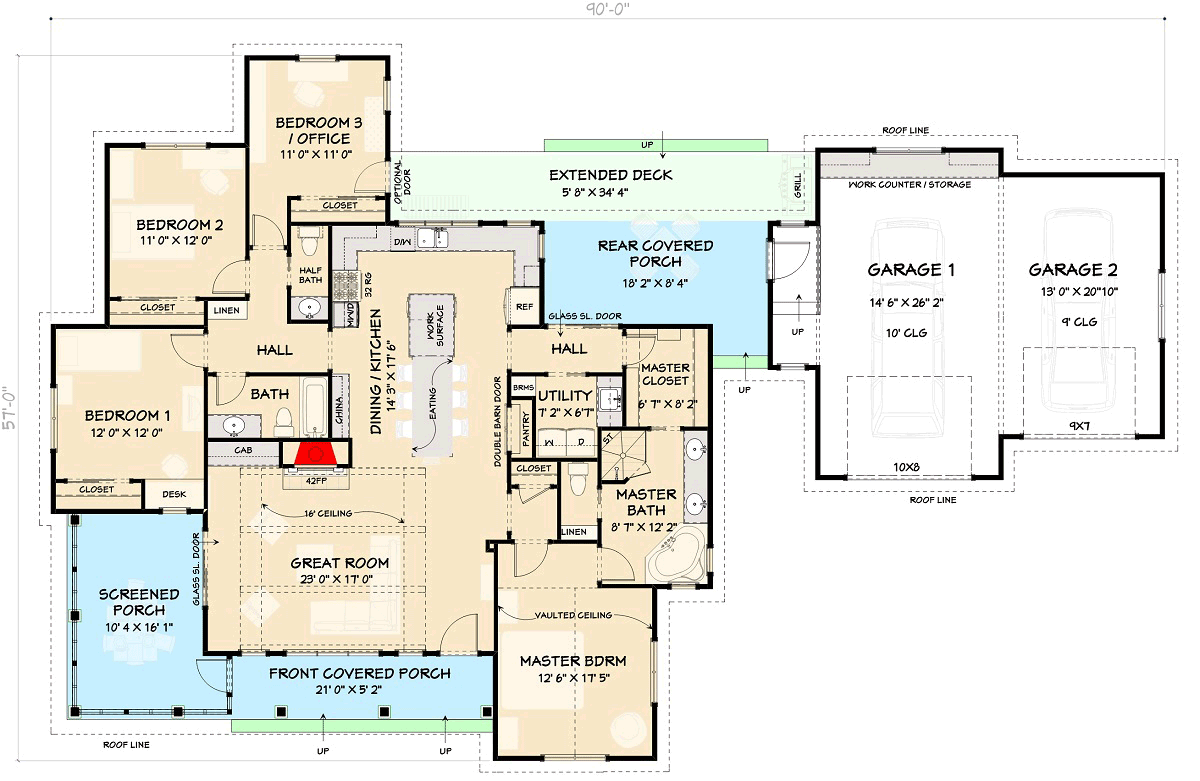 Plan 28925JJ: Flexible 3-Bed Modern Farmhouse with Semi-Detached Garage - 1895 Sq Ft - Floor Plan - Main Level - Country, Farmhouse, Modern Farmhouse