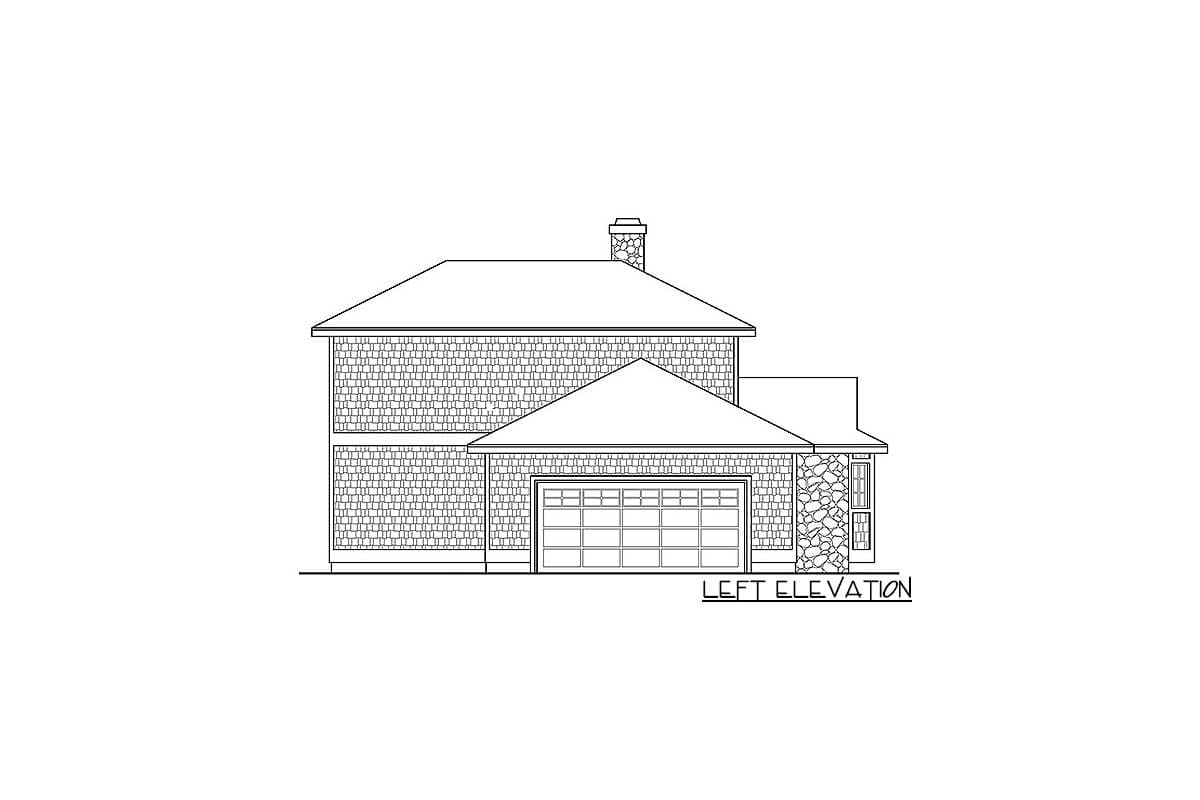 Left elevation house plan showing a two-story home with a detached garage, gabled roof, and stone accents.