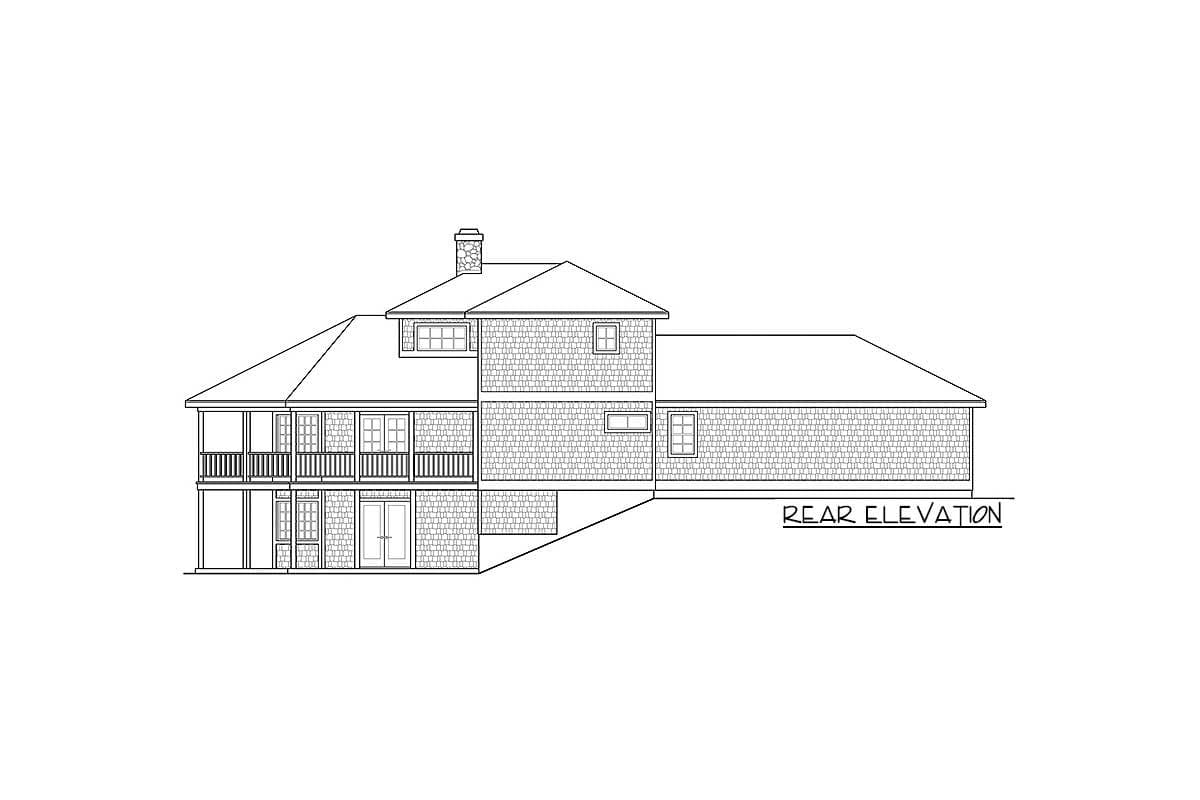 Rear elevation drawing of a two-story house plan with a covered balcony, dormer window, and chimney.