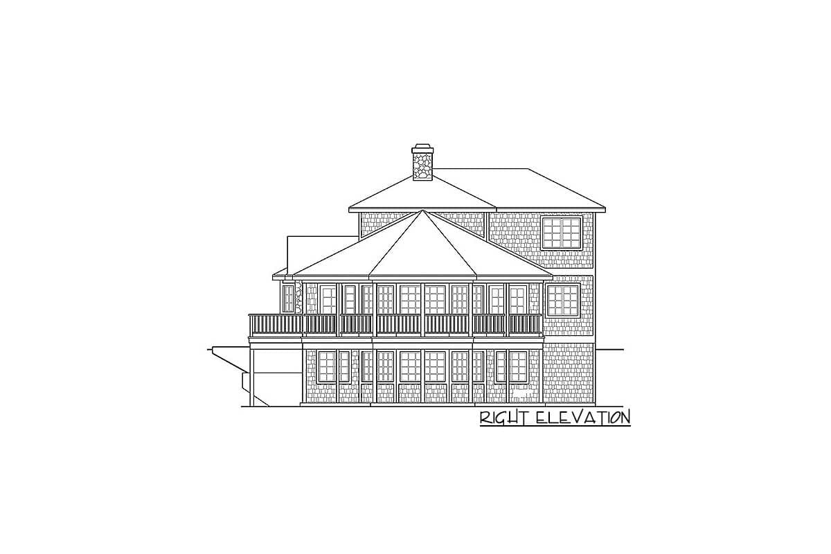 Right elevation house plan with multiple stories, a wrap-around deck, dormers, and a brick chimney.