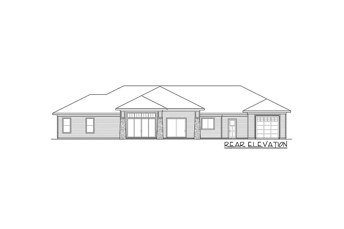Rear elevation drawing of a single-story house plan with a garage, double doors, and stone accents.