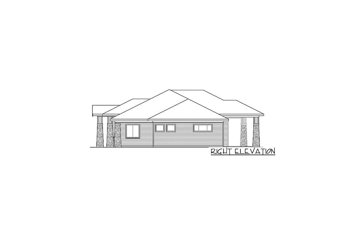 Right elevation drawing of a single-story house with gabled roof, horizontal siding, and stone-clad porch columns.